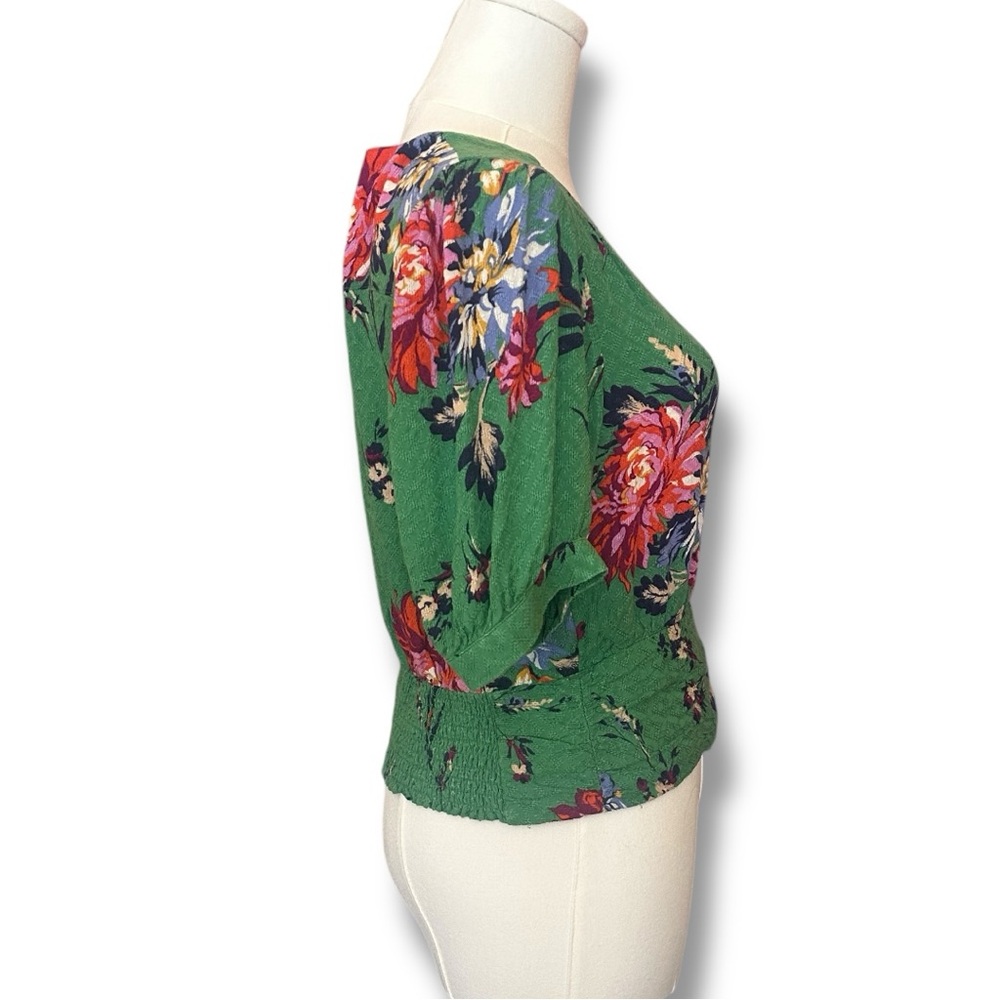 Anthropologie Green Floral V-Neck Puff Sleeve Top - Picture 6 of 13
